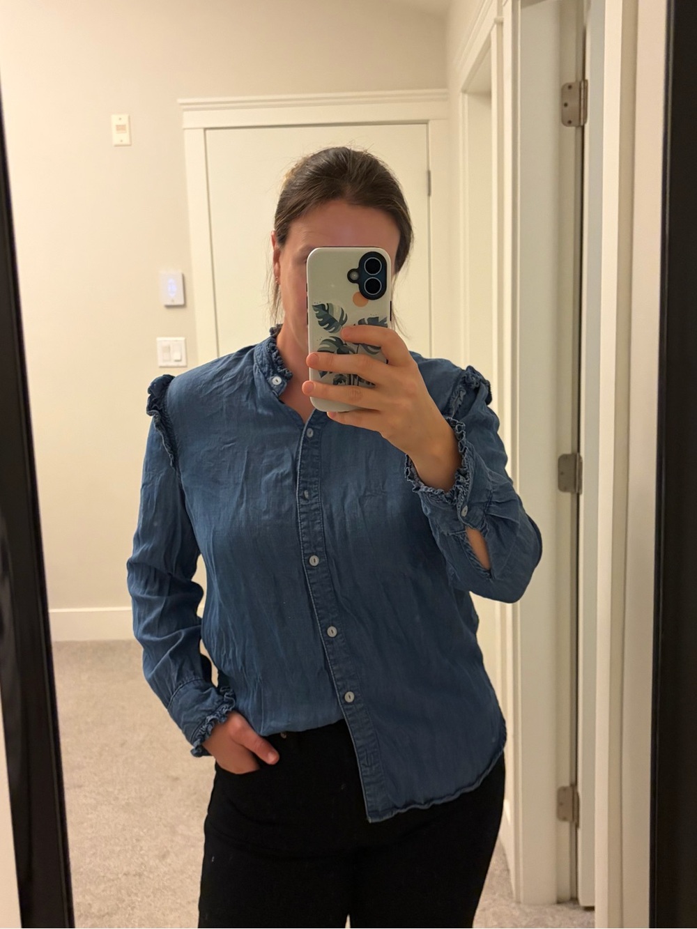 Lola River Ruffle-Trim Denim Long-Sleeve Button Up Top